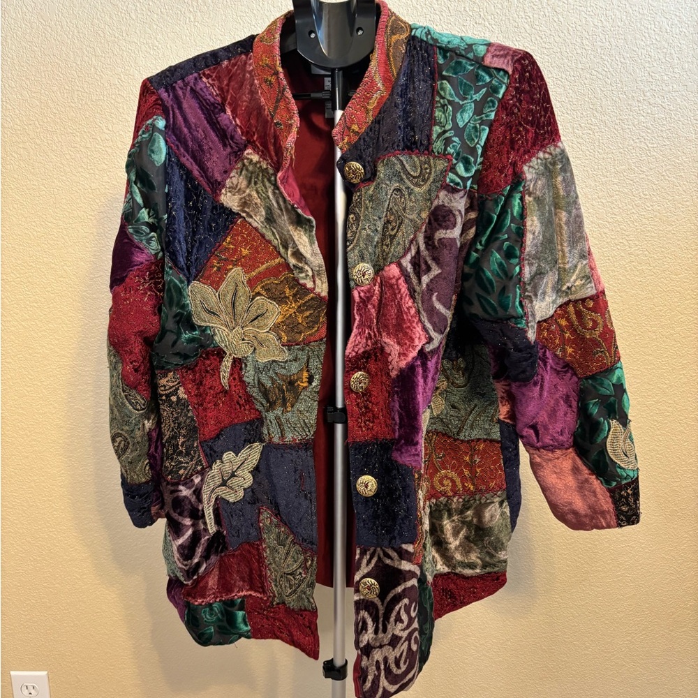 Indigo Moon Patchwork Velvet Tapestry Jacket Coat 1X‎ Boho Artsy 90s